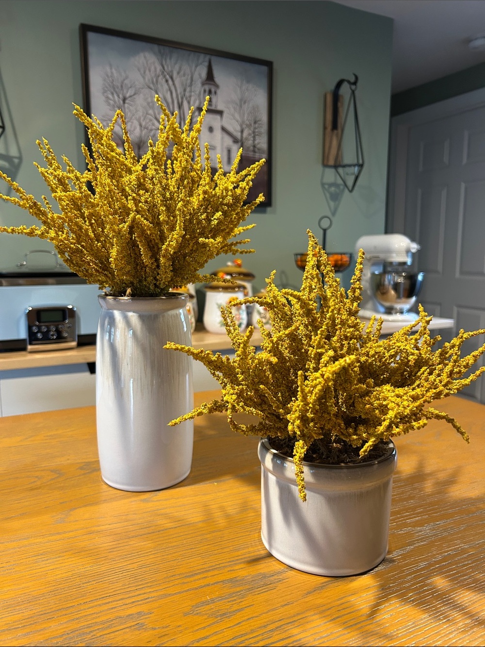 Threshold Bundle of Yellow Heather Arrangement in White Ceramic Vase